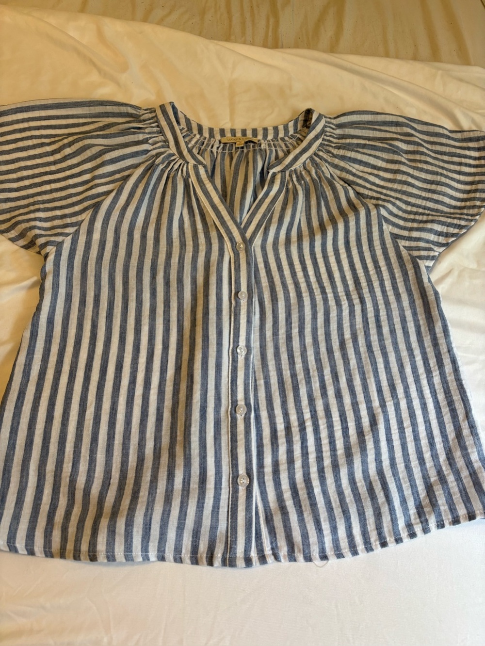 Lucky & Coco Faux Linen Flutter sleeve Blue and White Striped Button up Blouse